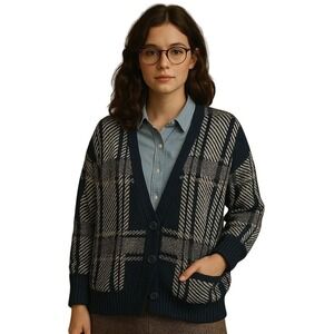 Hinge S Plaid Button Front Cardigan Sweater Navy White‎ Grannycore Academia
